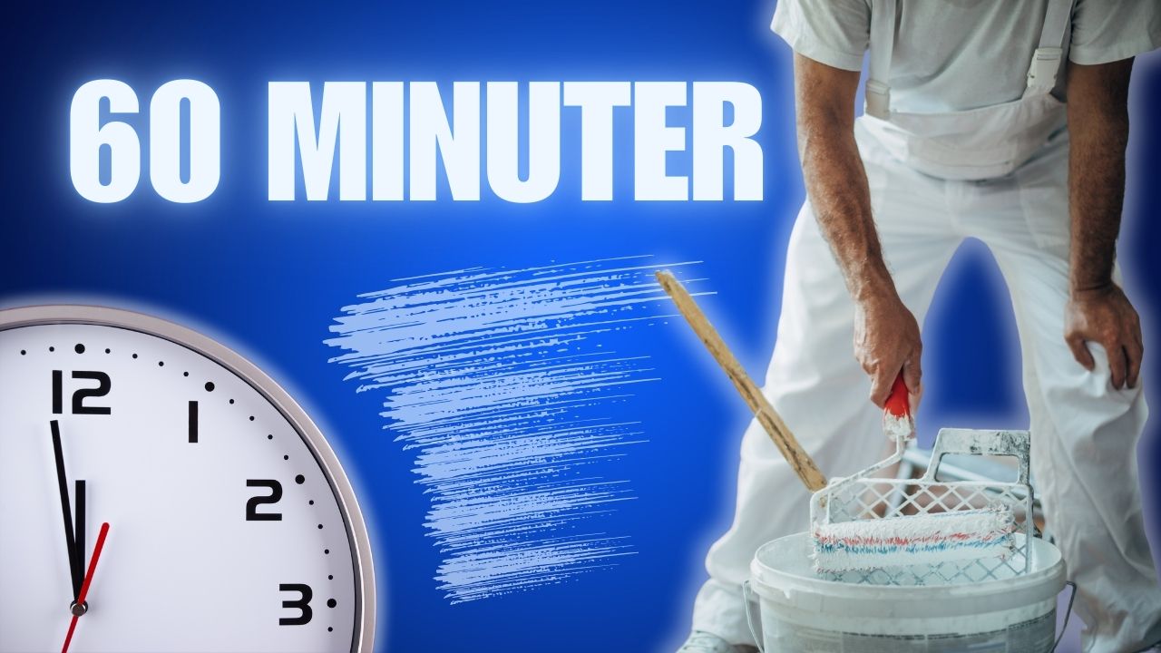 enklocka som visar en timme, en del av en målare som målar och en text där det står '60 minuter'. Allt är på en blå bakgrund.